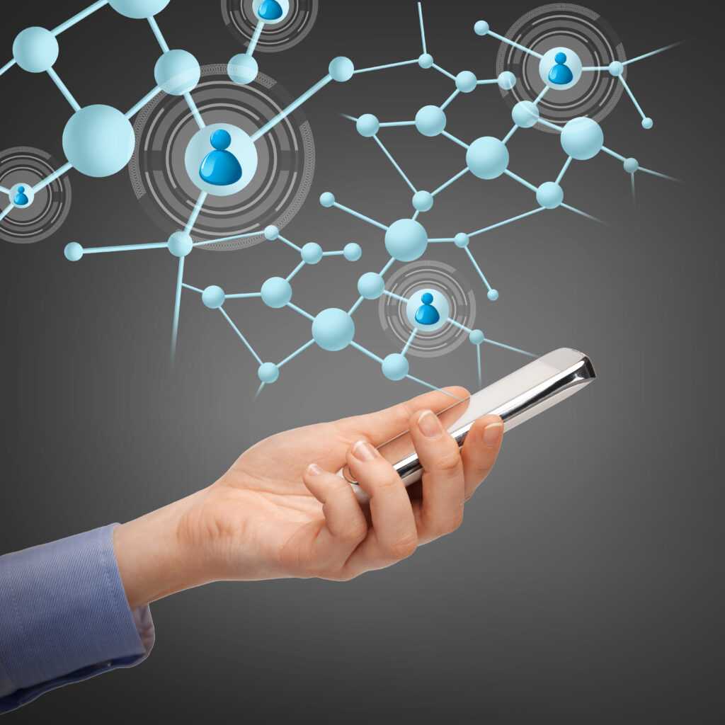 woman with smartphone and virtual contacts