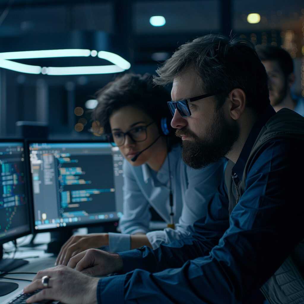 photo-closeup-computer-programmers-discussing-computer-monitor-office